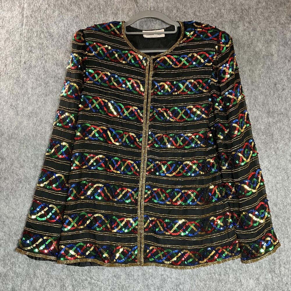 Vintage Lawrence Kazar Jacket Womens Medium Sequin Beaded Festival Disco Party *